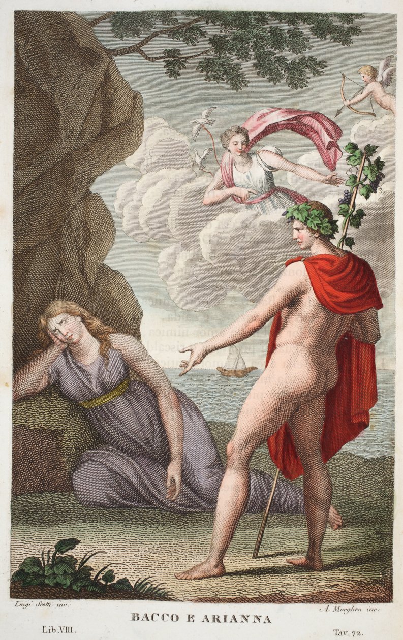Bacchus ja Ariadne tai Bacco e Arianna, VIII kirja, kuvitus Ovidiuksen muodonmuutoksista, Firenze, 1832 (käsinvärinen kaiverrus) tekijältä Luigi Ademollo