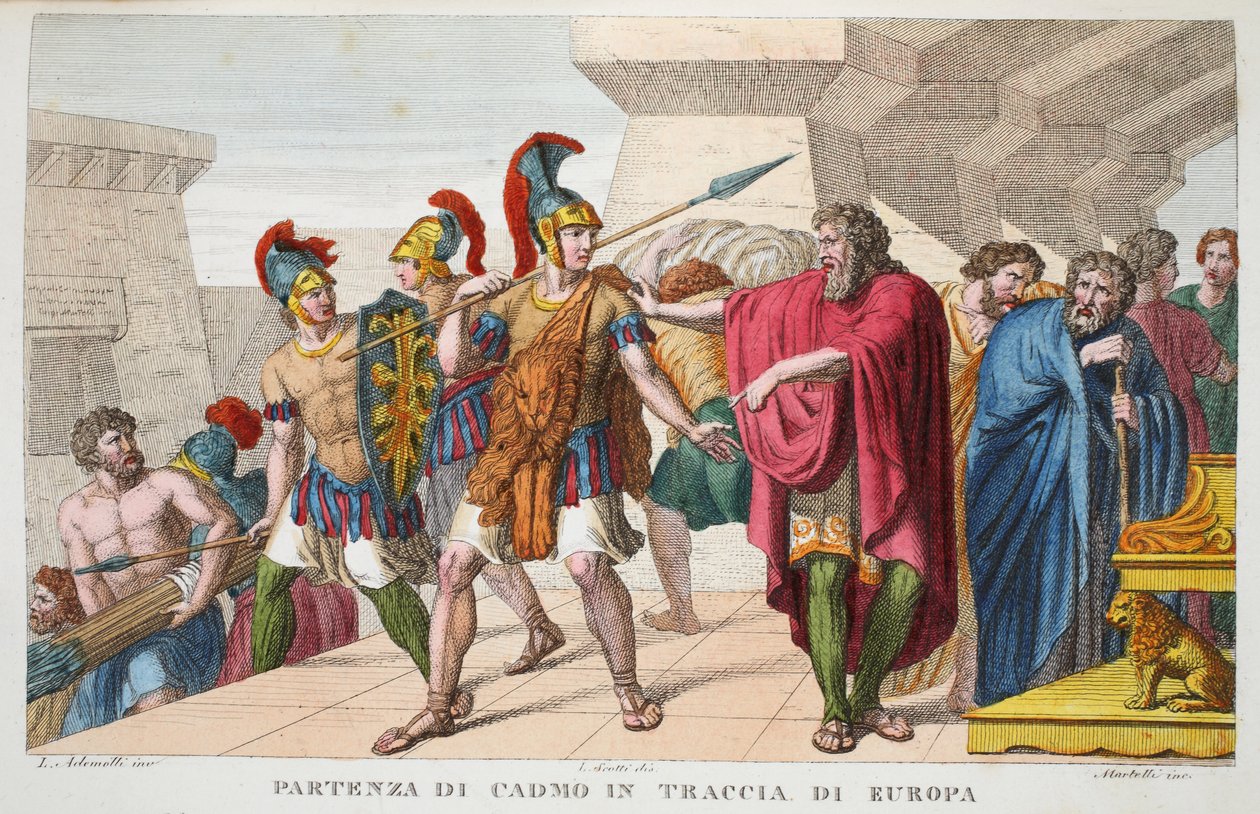Cadmus lähtee liikkeelle tai Partenza de Cadmo in Traccia di Europa, kirja III, kuvitus Ovidiuksen teoksesta Metamorphoses, Firenze, 1832 (käsin väritetty kaiverrus). tekijältä Luigi Ademollo