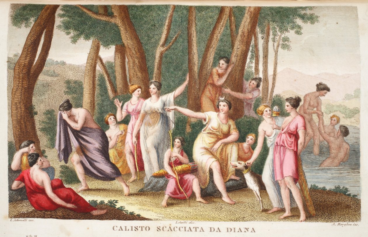 Callistosta on tehty karhu tai Calisto Scacciata da Diana, kuvitus Ovidiuksen Metamorfoosista, Firenze, 1832 (käsinvärinen kaiverrus) tekijältä Luigi Ademollo