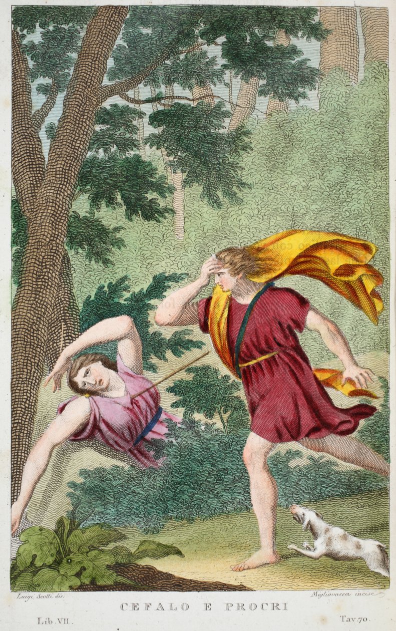 Cephalus ja Procris tai Cefalo e Procri, Kirja VII, kuvitus Ovidian Metamorphosesista, Firenze, 1832 (käsinvärinen kaiverrus) tekijältä Luigi Ademollo