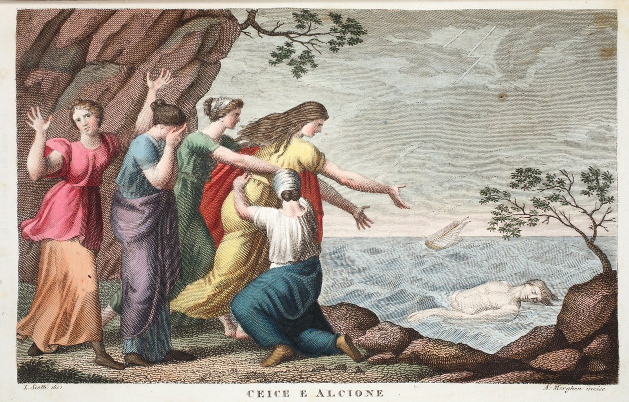 Ceyx ja Alcyone tai Ceice e Alcione, Kirja XI, kuvitus Ovidian Metamorphosesista, Firenze, 1832 (käsinvärinen kaiverrus) tekijältä Luigi Ademollo