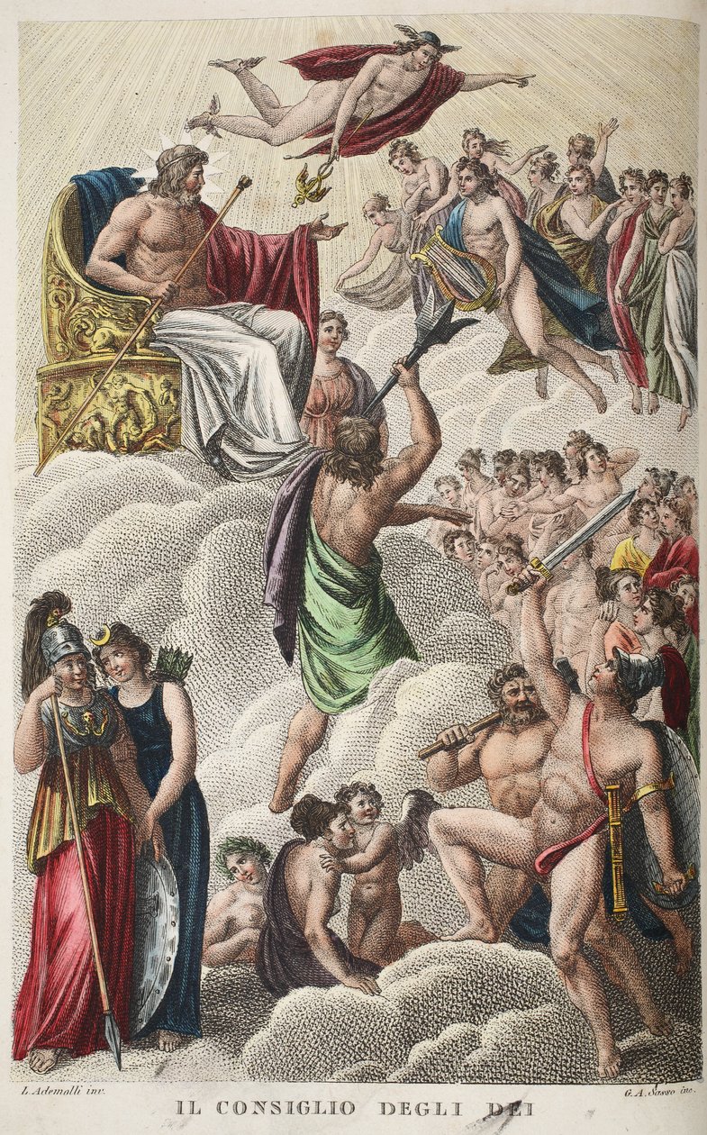 Jumalten neuvosto eli Il Consiglio Degli Dei, kirja I, kuvitus Ovidiuksen muodonmuutoksista, Firenze, 1832 (käsinvärinen kaiverrus) tekijältä Luigi Ademollo