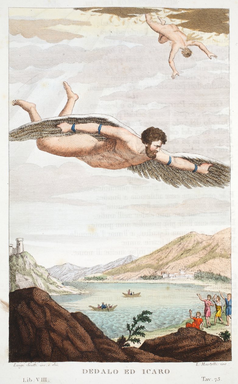 Daedalus ja Icarus tai Dedalo ed Icaro, kirja VIII, kuvitus Ovidiuksen muodonmuutoksista, Firenze, 1832 (käsinvärinen kaiverrus) tekijältä Luigi Ademollo