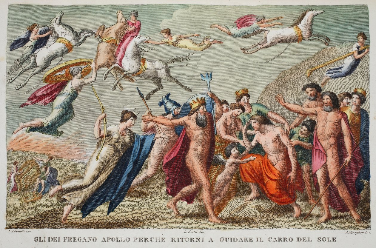 Tyytymätön Apollo kieltäytyy ajamasta tai Gli Dei Oregano Apollo Perche palaa ajamaan auringon vaunuja, kuvitus Ovidiuksen muodonmuutoksista, Firenze, 1832 (käsinvärinen kaiverrus) tekijältä Luigi Ademollo