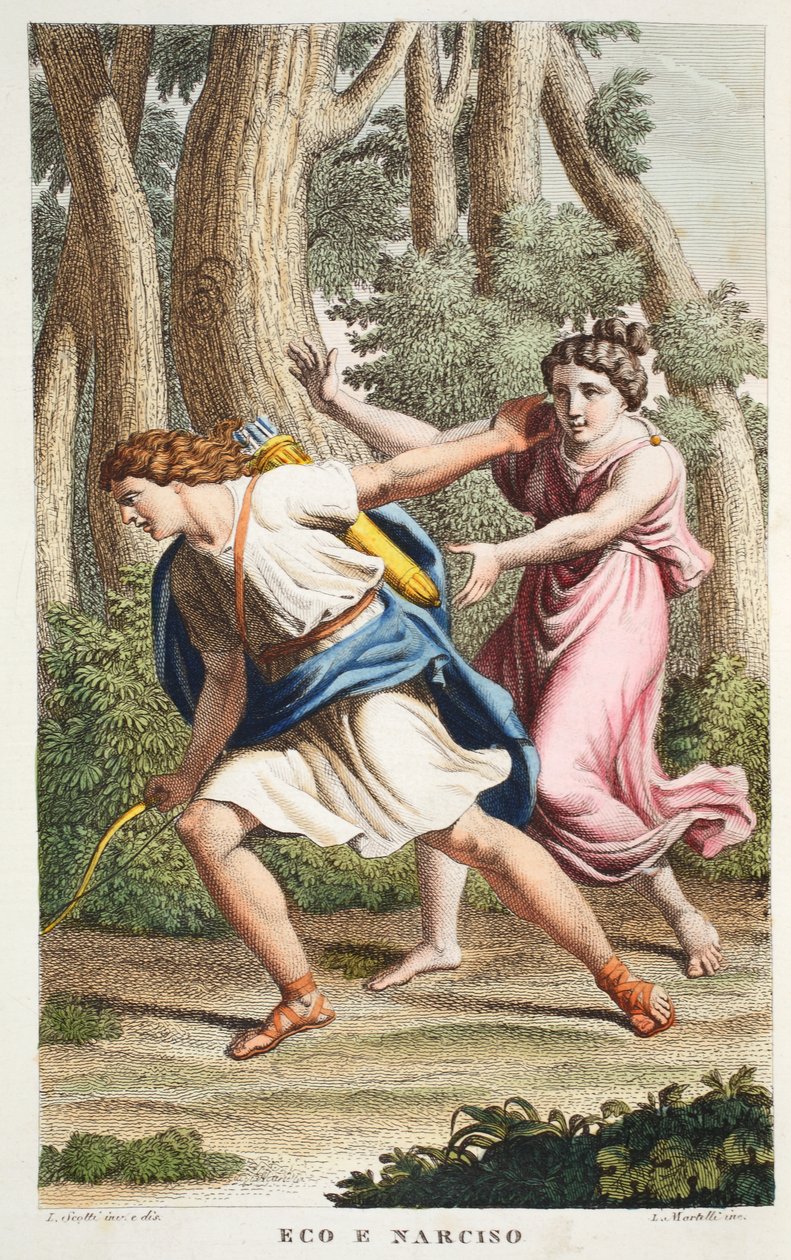 Echo ja Narcissus tai Eco e Narciso, kirja III, kuvitus Ovidian Metamorphosesista, Firenze, 1832 (käsinvärinen kaiverrus) tekijältä Luigi Ademollo