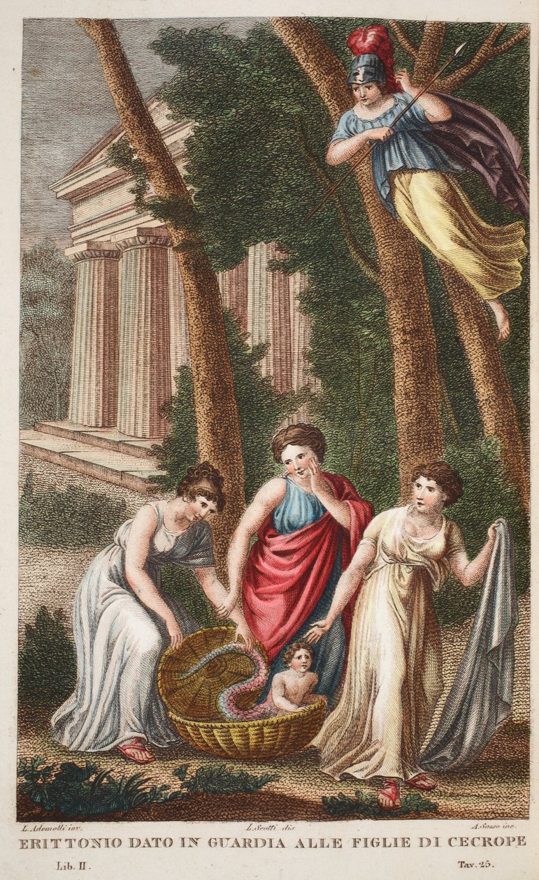 Erichthonius lohikäärmeen jaloilla tai Erittonion tiedot Guardia alle Figlie de Cecropessa, kirja II, kuvitus Ovidiuksen muodonmuutosteoksesta, Firenze, 1832 (käsinvärinen kaiverrus) tekijältä Luigi Ademollo