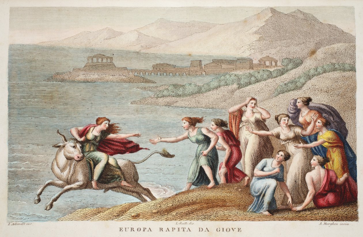 Europa tai Europa Rapita da Giove, kuvitus Ovidian Metamorphosesista, Firenze, 1832 (käsinvärinen kaiverrus) tekijältä Luigi Ademollo