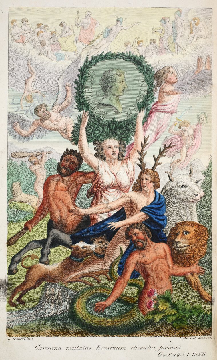 Etukappale, kuvitus Ovidian Metamorphosesista, Firenze, 1832 (käsinvärinen kaiverrus) tekijältä Luigi Ademollo