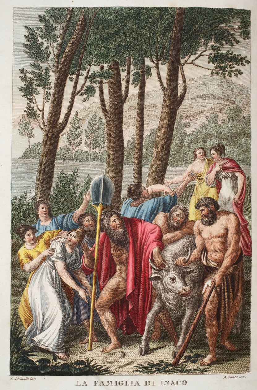 Inachus sureva tai La Famiglia di Inaco, kirja I, kuvitus Ovidian Metamorphosesista, Firenze, 1832 (käsinvärinen kaiverrus) tekijältä Luigi Ademollo