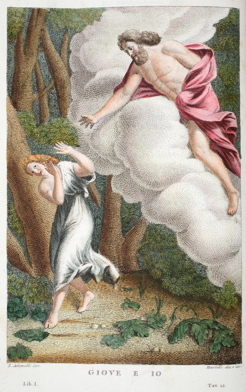 Jove rakastunut Ioon tai Giove e Io, kirja I, kuvitus teoksesta Ovidian Metamorphoses, Firenze, 1832 (käsinvärinen kaiverrus) tekijältä Luigi Ademollo