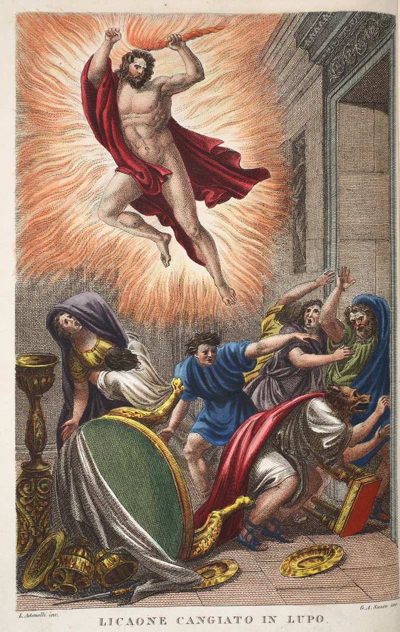 Lycaon sudeksi tai Licaone Cangiato Lupossa, kuvitus Ovidian Metamorphosesista, Firenze, 1832 (käsinvärinen kaiverrus) tekijältä Luigi Ademollo