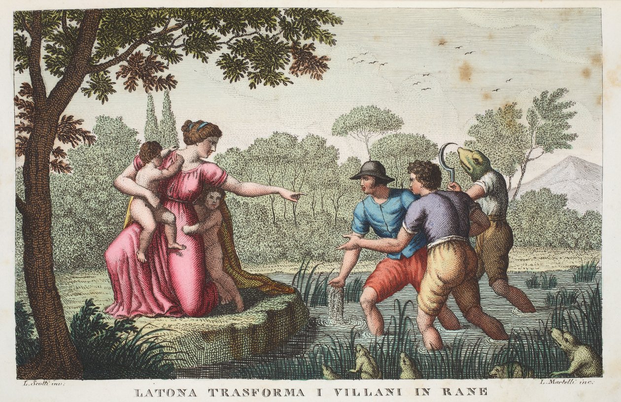 Lyykialaiset rustikot sammakoiksi tai Latona transforma I Villani in Rane, VI kirja, kuvitus Ovidiuksen muodonmuutoksista, Firenze, 1832 (käsinvärinen kaiverrus) tekijältä Luigi Ademollo