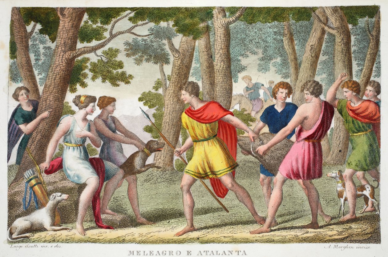 Meleager ja Atlanta tai Meleagro e Atalanta, kirja VIII, kuvitus Ovidian Metamorphosesista, Firenze, 1832 (käsinvärinen kaiverrus) tekijältä Luigi Ademollo