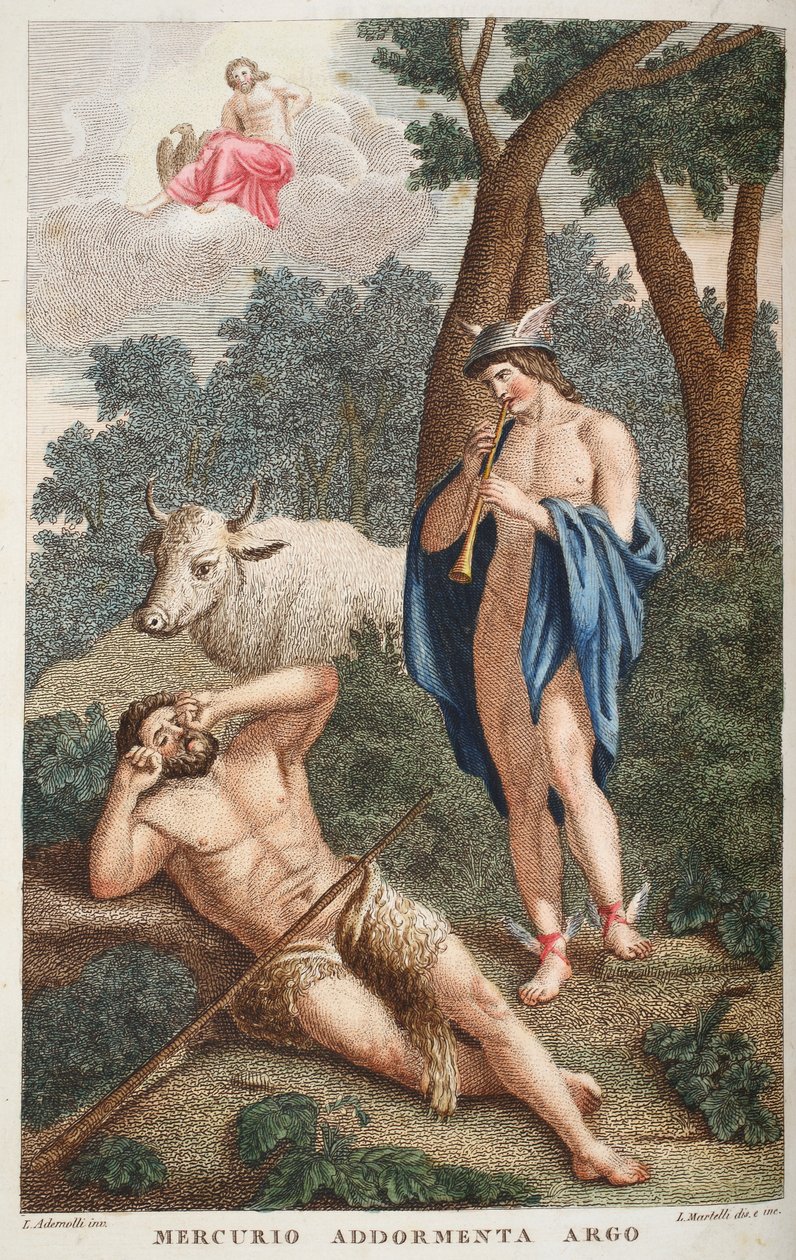 Mercury puts Argus to Sleep tai Mercurio Addormenta Argo, kuvitus Ovidiuksen Metamorphoses -teoksesta, Firenze, 1832 (käsin väritetty kaiverrus). tekijältä Luigi Ademollo