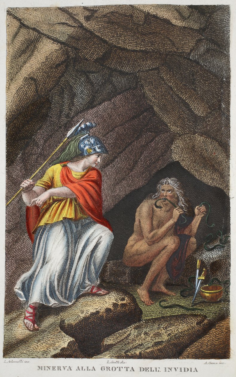 Minerva vierailee Envyssä tai Minerva all Grotta deli Invidiassa, kuvitus Ovidian Metamorphosesista, Firenze, 1832 (käsinvärinen kaiverrus) tekijältä Luigi Ademollo