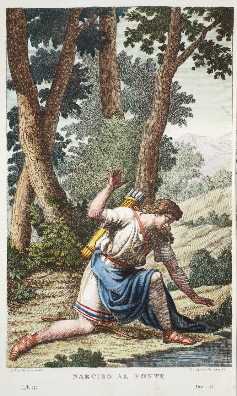 Narcissus kukkaksi tai Narciso al Fonte, III kirja, kuvitus Ovidiuksen muodonmuutoksista, Firenze, 1832 (käsinvärinen kaiverrus) tekijältä Luigi Ademollo