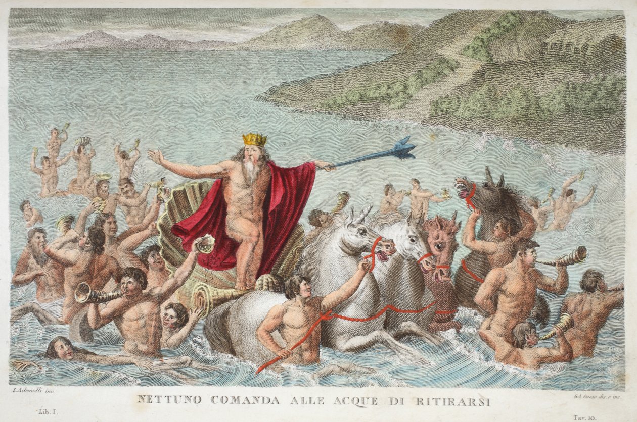 Neptunus rauhoittaa aallot tai Nettuno Comanda alle Acque di Ritirarsi, kirja I, kuvitus Ovidiuksen teoksesta Metamorphoses, Firenze, 1832 (käsin väritetty kaiverrus). tekijältä Luigi Ademollo