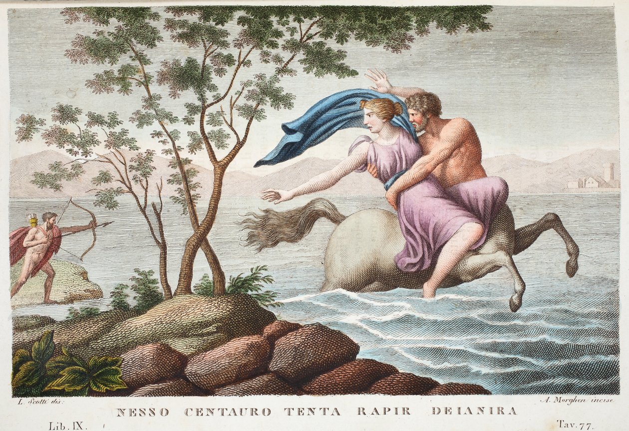 Nessus ja Deianira tai Nesso Centauro tenta rapiiri Deianira, kirja IX, kuvitus Ovidian Metamorphosesista, Firenze, 1832 (käsinvärinen kaiverrus) tekijältä Luigi Ademollo