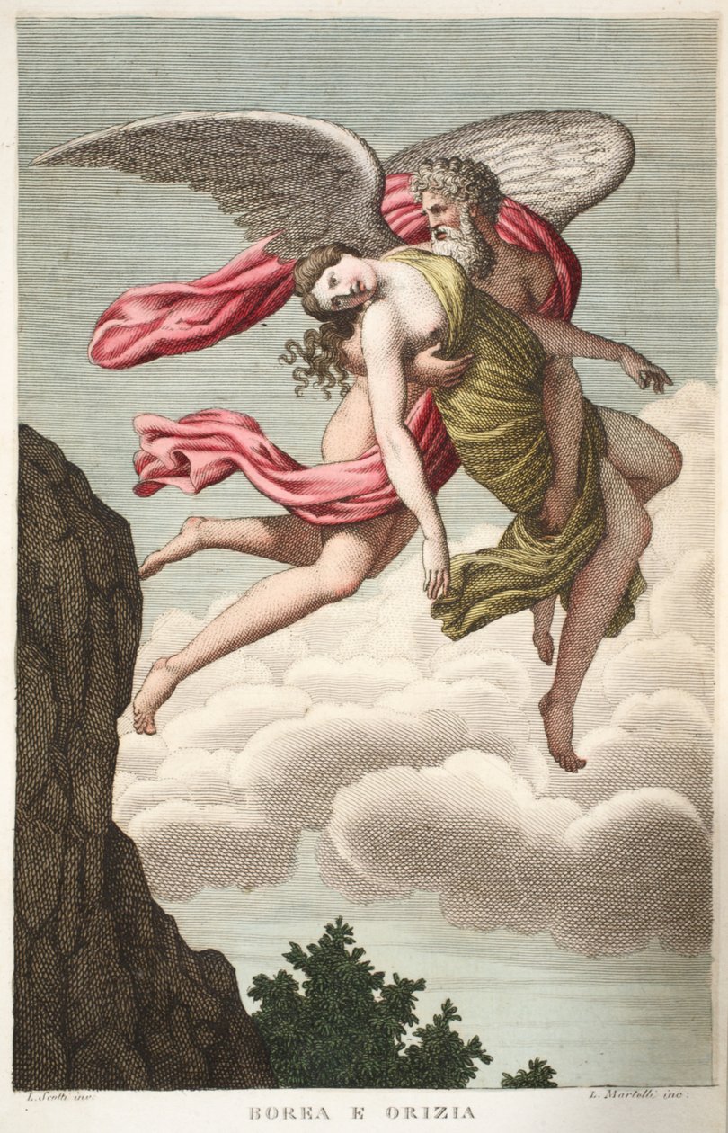 Orithyian raiskasivat Boreas tai Borea e Orizia, VI kirja, kuvitus Ovidian Metamorphosesista, Firenze, 1832 (käsinvärinen kaiverrus) tekijältä Luigi Ademollo