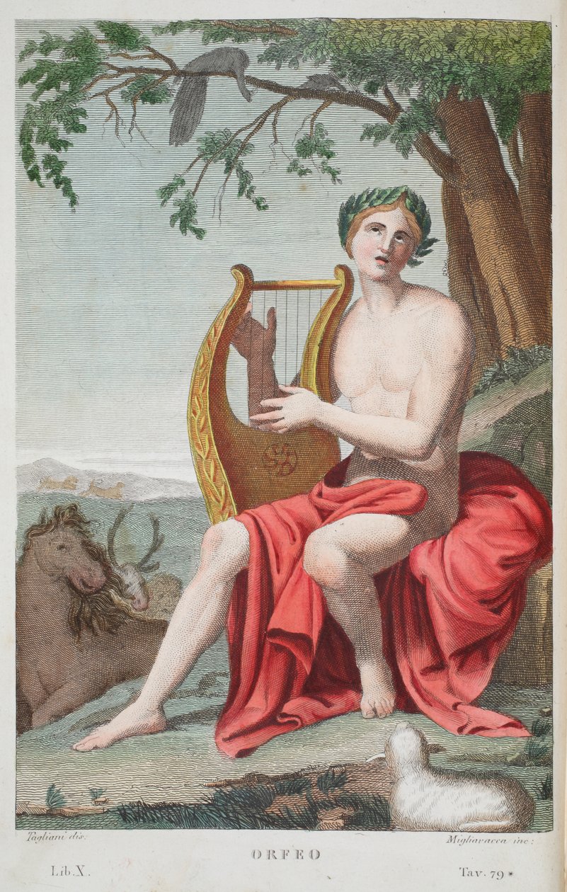 Orfeo tai Orfeo, kuvitus Ovidiuksen teoksesta Metamorphoses, Firenze, 1832 (käsin väritetty kaiverrus). tekijältä Luigi Ademollo