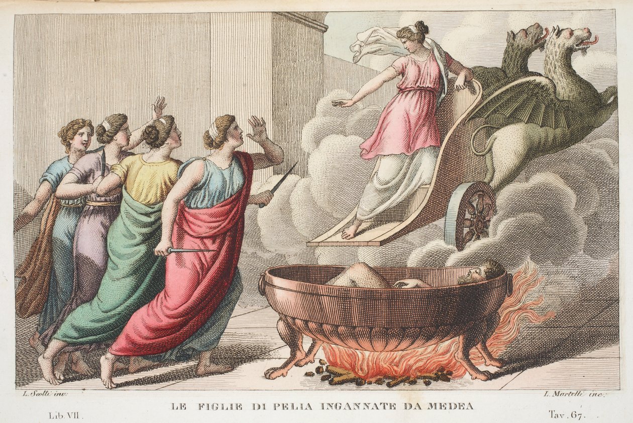 Pelias tyttäriensä kanssa tai Le Figlie di Pelia Ingannate da Medea, VII kirja, kuvitus Ovidiuksen Metamorphosesista, Firenze, 1832 (käsinvärinen kaiverrus) tekijältä Luigi Ademollo