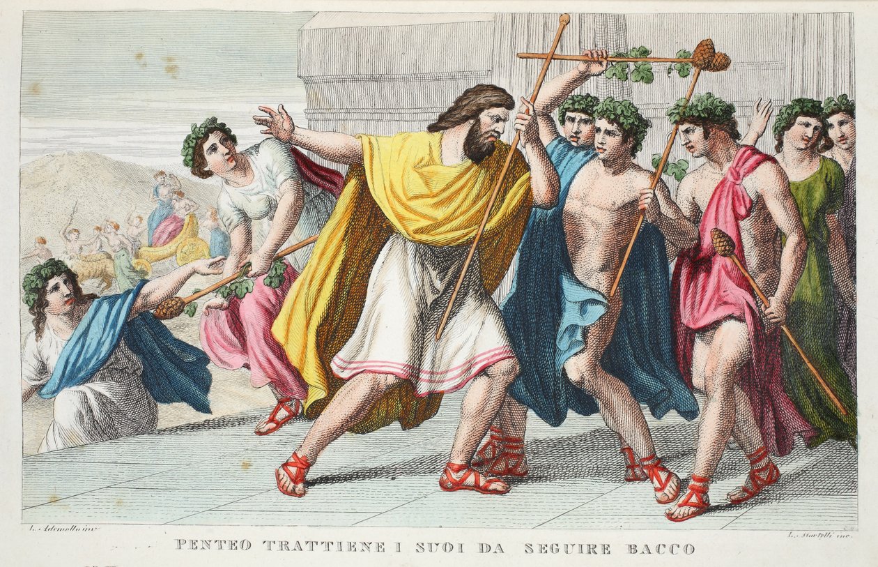 Pentheus vainoaa Bacchuksen opetuslapsia tai Penteo Trattiene I suoi da Seguire Bacco, III kirja, kuvitus Ovidiuksen Metamorfoosista, Firenze, 1832 (käsinvärinen kaiverrus) tekijältä Luigi Ademollo