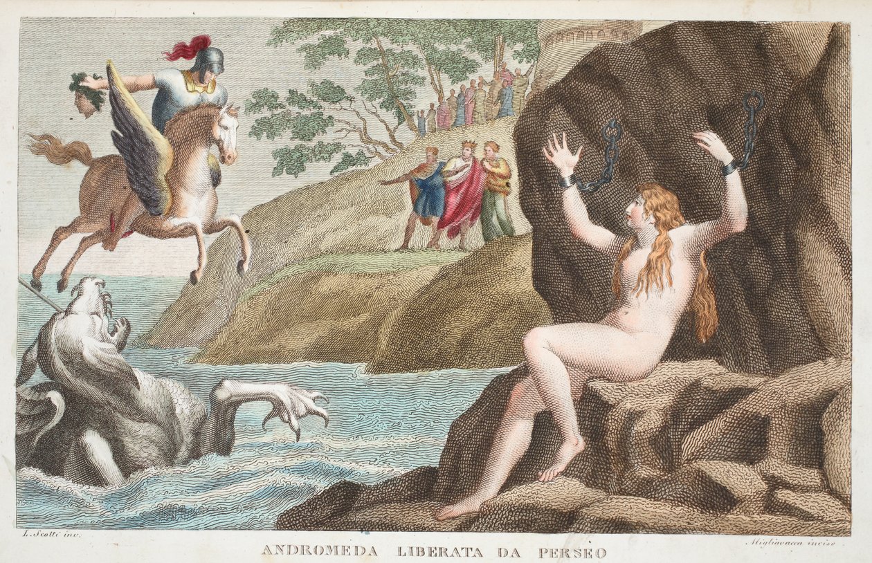 Perseus ja Andromeda tai Andromeda Liberata da Perseo, Kirja IV, kuvitus Ovidian Metamorphosesista, Firenze, 1832 (käsinvärinen kaiverrus) tekijältä Luigi Ademollo