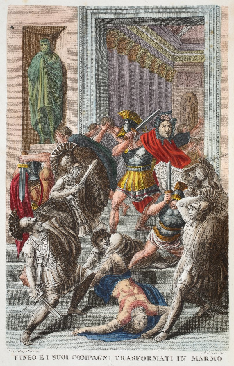 Phineas ja ystävät kiveksi tai Fineo ei suoi Compagni Transformati Marmossa, V kirja, kuvitus Ovidiuksen muodonmuutoksista, Firenze, 1832 (käsinvärinen kaiverrus) tekijältä Luigi Ademollo