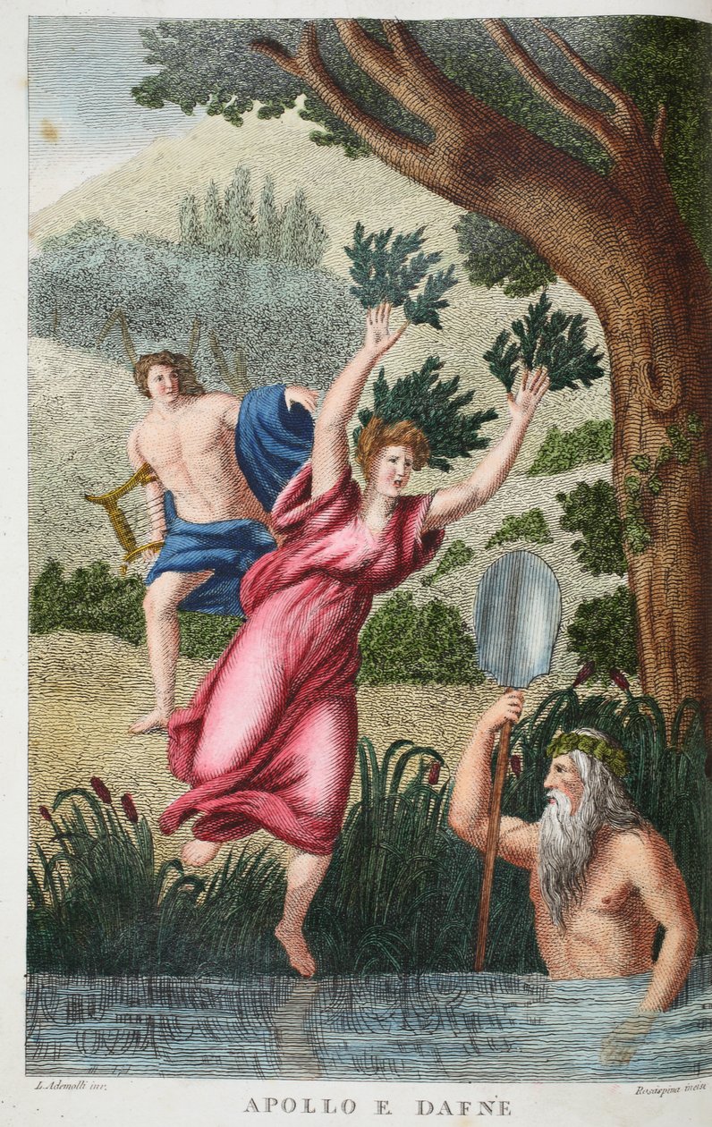 Phoebus ja Daphne tai Apollo e Dafne, kuvitus Ovidian Metamorphosesista, Firenze, 1832 (käsinvärinen kaiverrus) tekijältä Luigi Ademollo