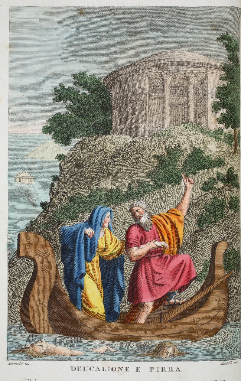 Pyrrha ja Deucalion tai Deucalione e Pirra, kuvitus Ovidian Metamorphosesista, Firenze, 1832 (käsinvärinen kaiverrus) tekijältä Luigi Ademollo