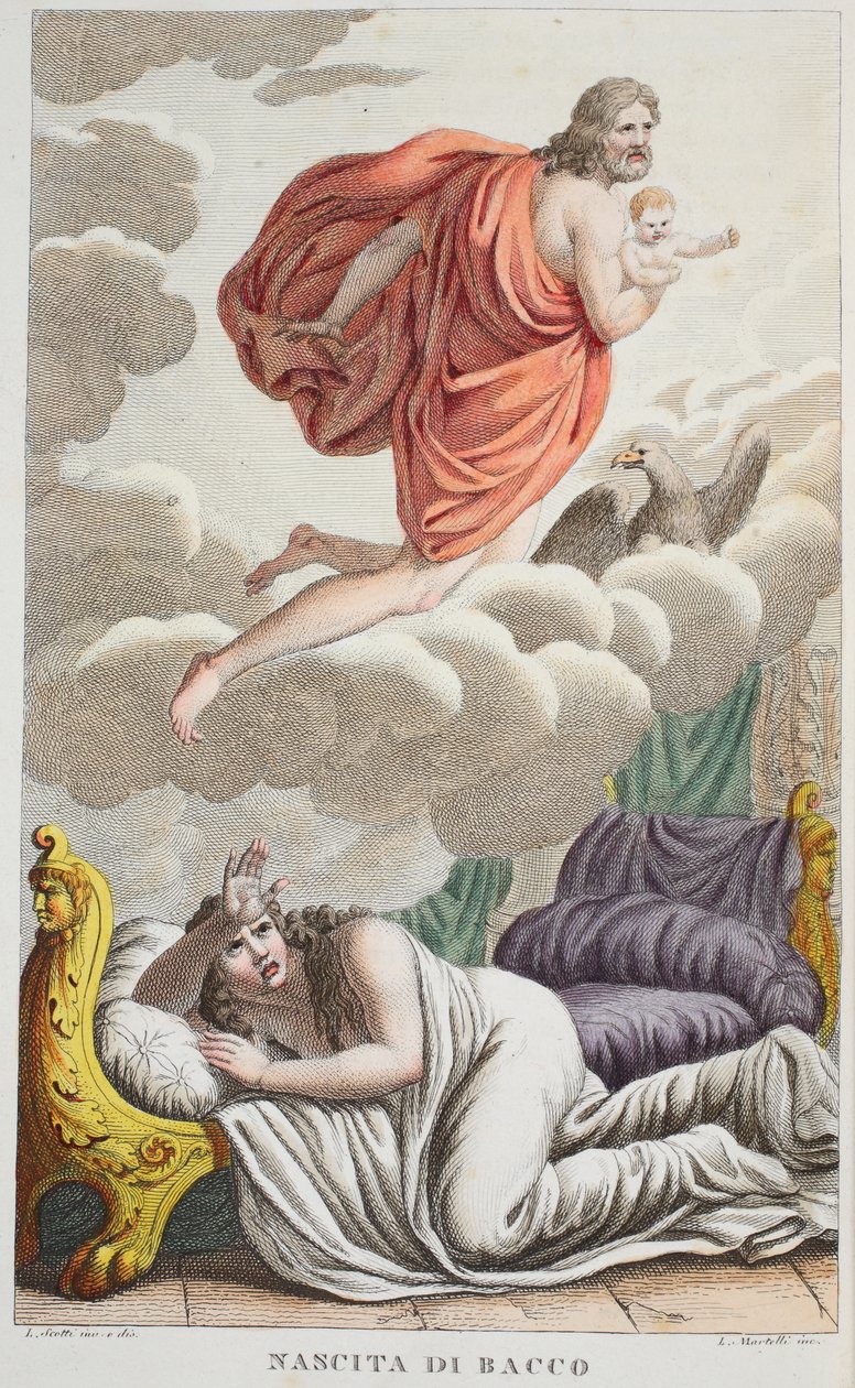 Semele on Thunderstruck tai Nascita de Bacco, kuvitus Ovidian Metamorphosesista, Firenze, 1832 (käsinvärinen kaiverrus) tekijältä Luigi Ademollo
