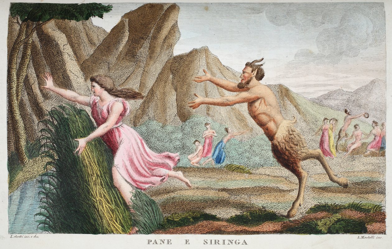 Syrinx ruovikkoon tai Pane e Siringa, kirja I, kuvitus Ovidiuksen Metamorfoosista, Firenze, 1832 (käsin väritetty kaiverrus). tekijältä Luigi Ademollo
