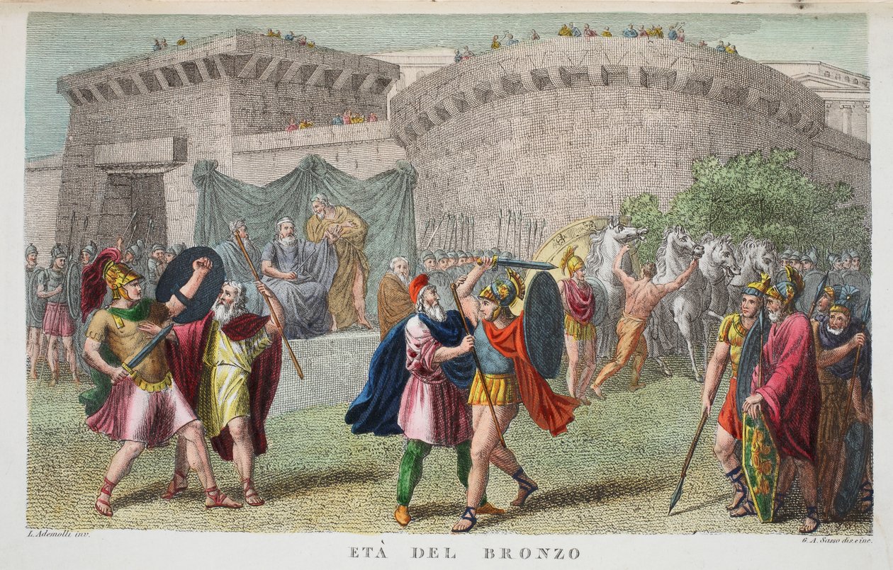 Pronssikausi eli Eta del Bronzo, kirja I, kuvitus Ovidian Metamorfoosista, Firenze, 1832 (käsinvärinen kaiverrus) tekijältä Luigi Ademollo