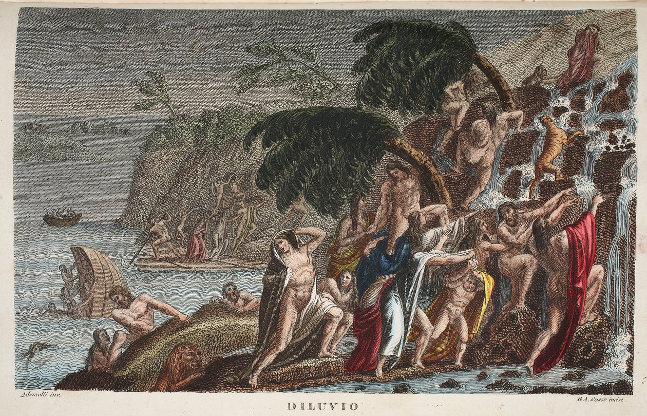 Vedenpaisumus tai Diluvio, Kirja I, kuvitus Ovidian Metamorphosesista, Firenze, 1832 (käsinvärinen kaiverrus) tekijältä Luigi Ademollo