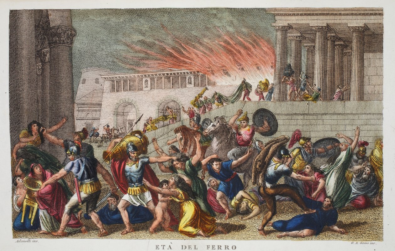 Rautakausi eli Eta del Ferro, kuvitus Ovidian Metamorphosesista, Firenze, 1832 (käsinvärinen kaiverrus) tekijältä Luigi Ademollo