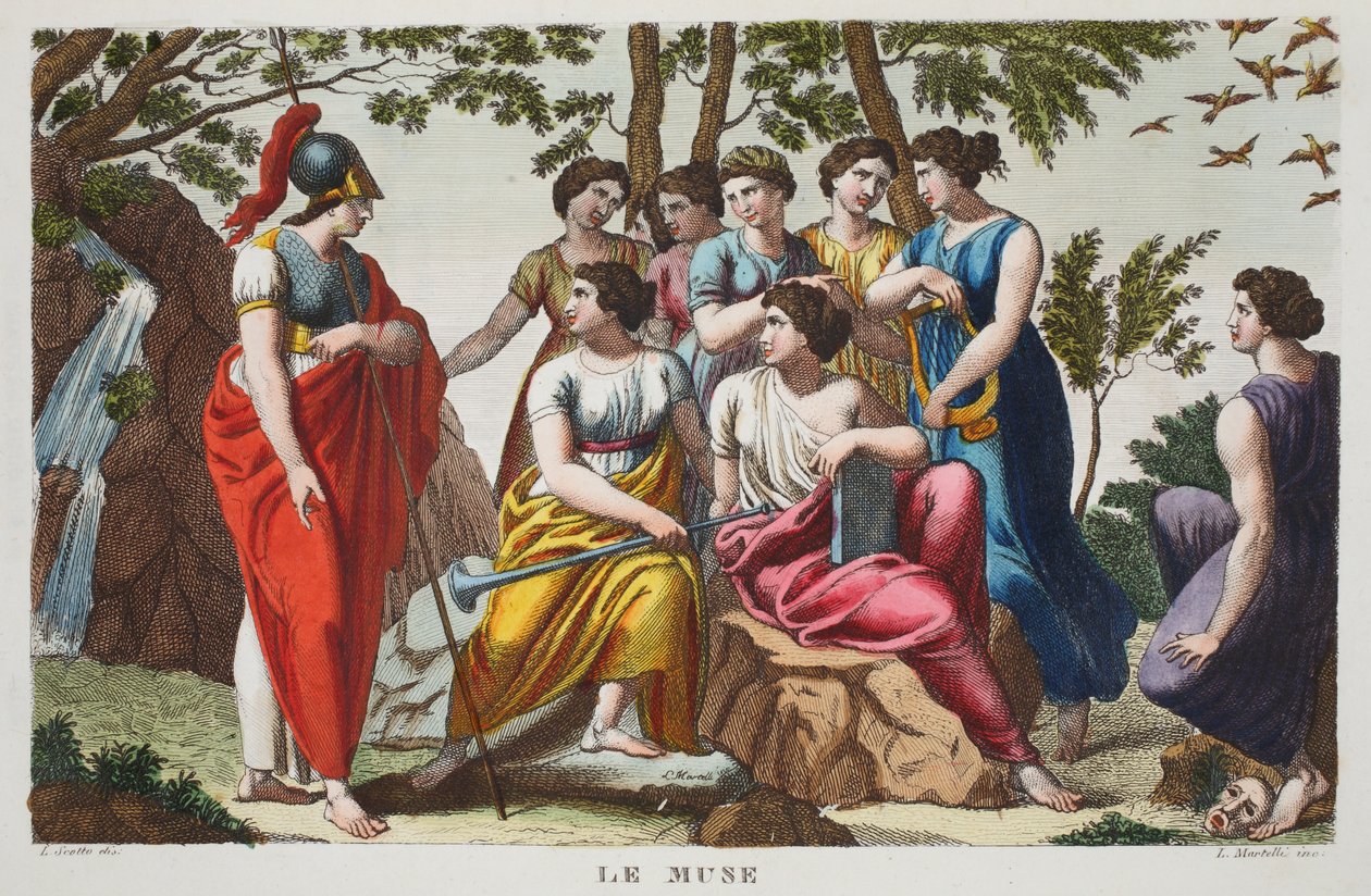 The Muses tai Le Muse, kirja V, kuvitus Ovidian Metamorphosesista, Firenze, 1832 (käsinvärinen kaiverrus) tekijältä Luigi Ademollo