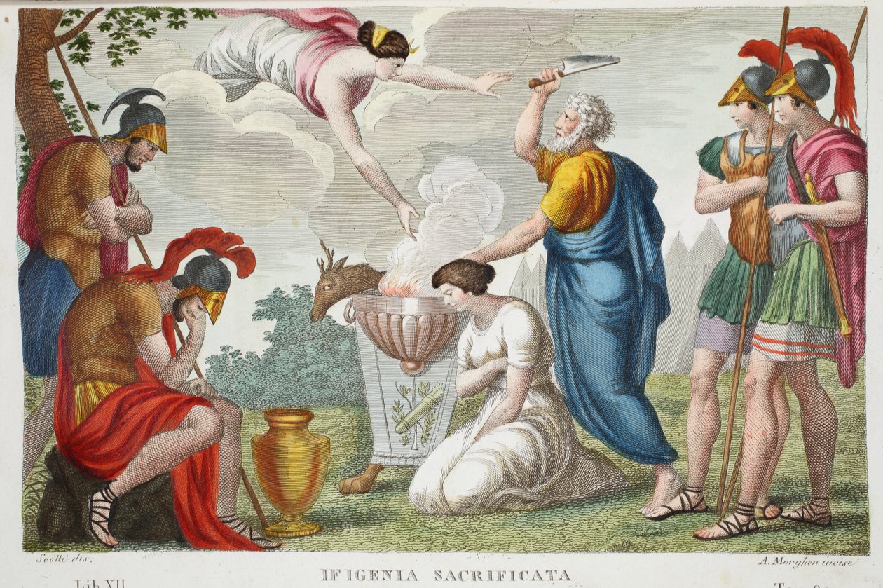 Iphigenian tai Ifigenia Sacrificata -uhri, kirja XII, kuvitus Ovidiuksen muodonmuutoksista, Firenze, 1832 (käsinvärinen kaiverrus) tekijältä Luigi Ademollo