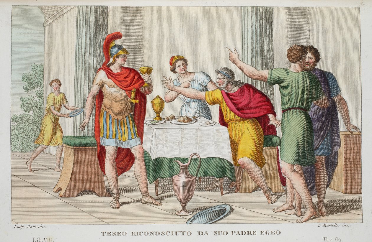 Theseus Recognized tai Teseo Riconosciuto da Suo Padre Egeo, VII kirja, kuvitus Ovidian Metamorphosesista, Firenze, 1832 (käsinvärinen kaiverrus) tekijältä Luigi Ademollo