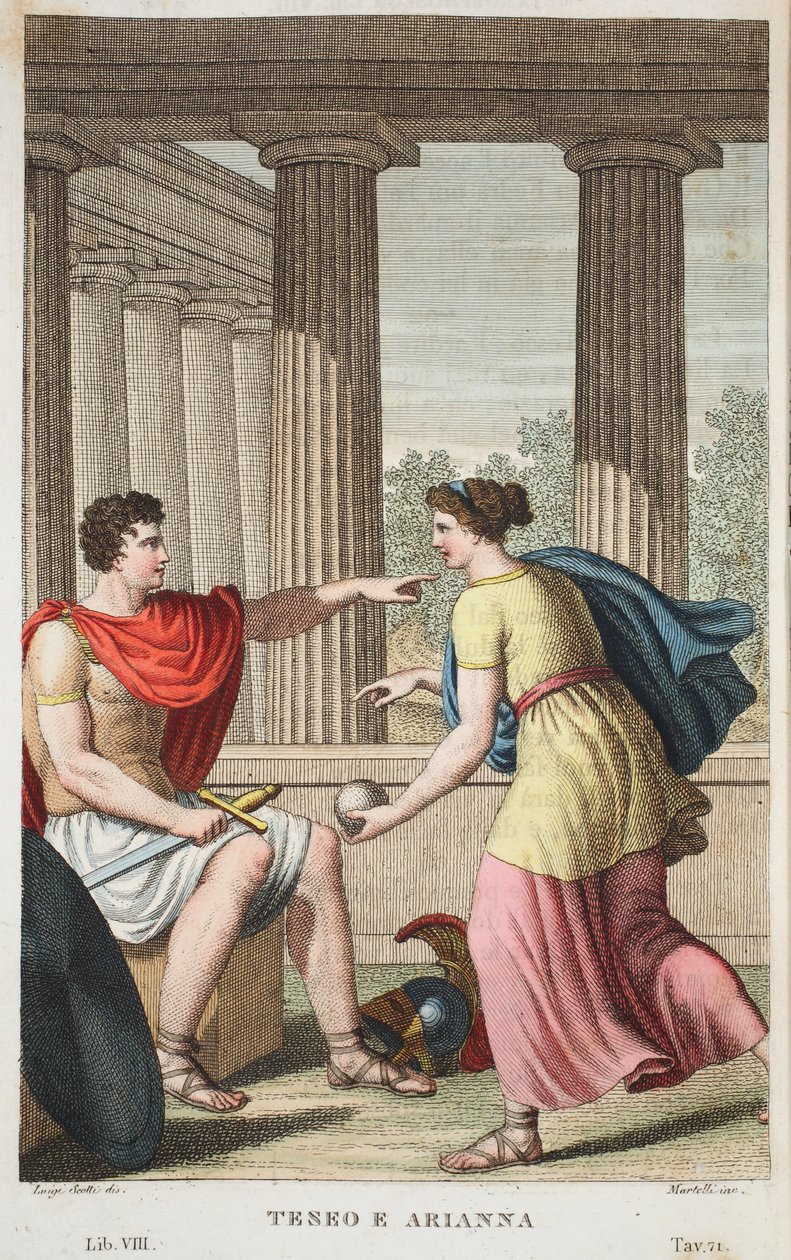 Theseus ja Ariadne tai Terro e Arianna, kirja VIII, kuvitus Ovidian Metamorphosesista, Firenze, 1832 (käsinvärinen kaiverrus) tekijältä Luigi Ademollo