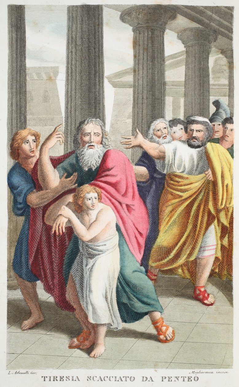 Pentheuksen tai Tirenia Scacciato da Penteon erottama Tiresias, kirja III, kuvitus Ovidiuksen teoksesta Metamorphoses, Firenze, 1832 (käsin väritetty kaiverrus). tekijältä Luigi Ademollo