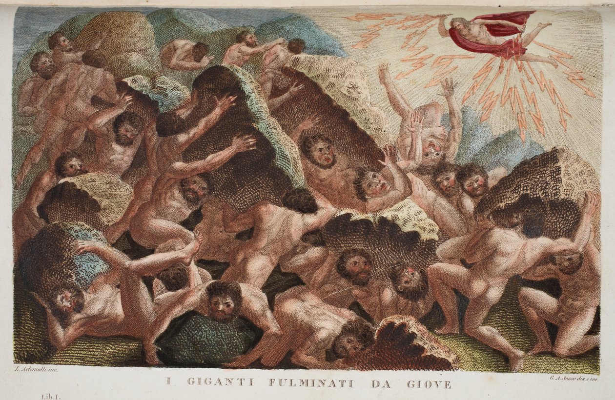 Jättiläisten sota Jovea vastaan tai I Giganti Fulminati da Giove, kirja I, kuvitus Ovidian Metamorphosesista, Firenze, 1832 (käsinvärinen kaiverrus) tekijältä Luigi Ademollo