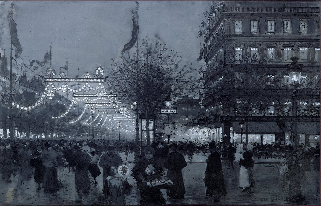 Grands Boulevards, Pariisi, koristeltu Ranskan ja Venäjän liiton juhliin lokakuussa 1893 (wc ja guassi paperilla) tekijältä Luigi Loir