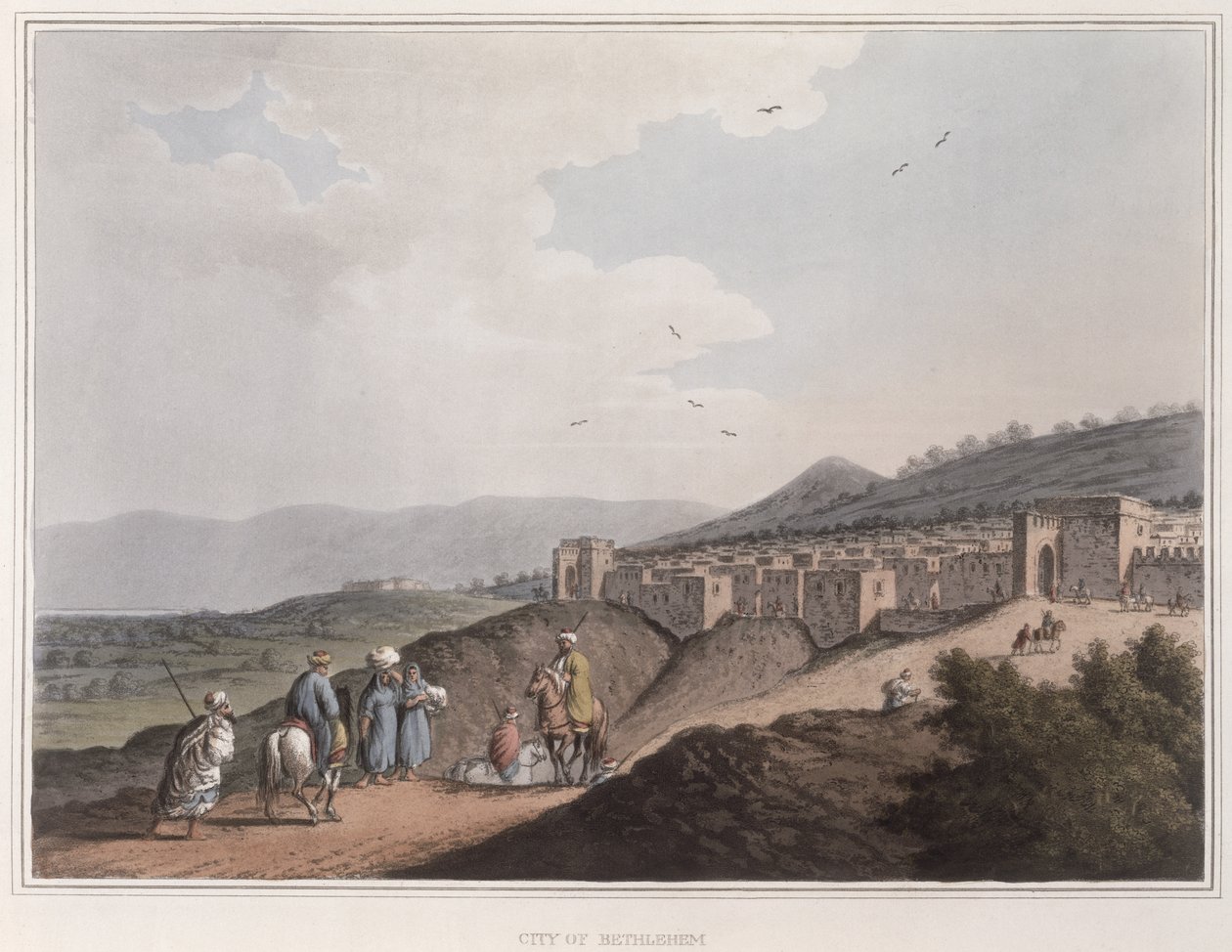 Betlehem Palestiinassa, Näkymä kaupungin pääosaan, jossa on Arabia Petraea -vuoret, teoksesta "Näkymät ottomaanien dominioissa", 1810 (värillinen akvatinta) tekijältä Luigi Mayer
