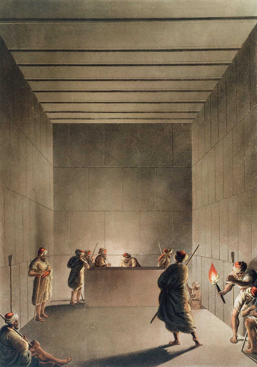 Kammio ja sarkofagi Gizan suuressa pyramidissa, levy 6 Näkymät Egyptissä, kaiverrus Thomas Milton (1743-1827) pub. kirjoittanut Robert Bowyer (1758-1834) 1801 (akvatinta) tekijältä Luigi Mayer