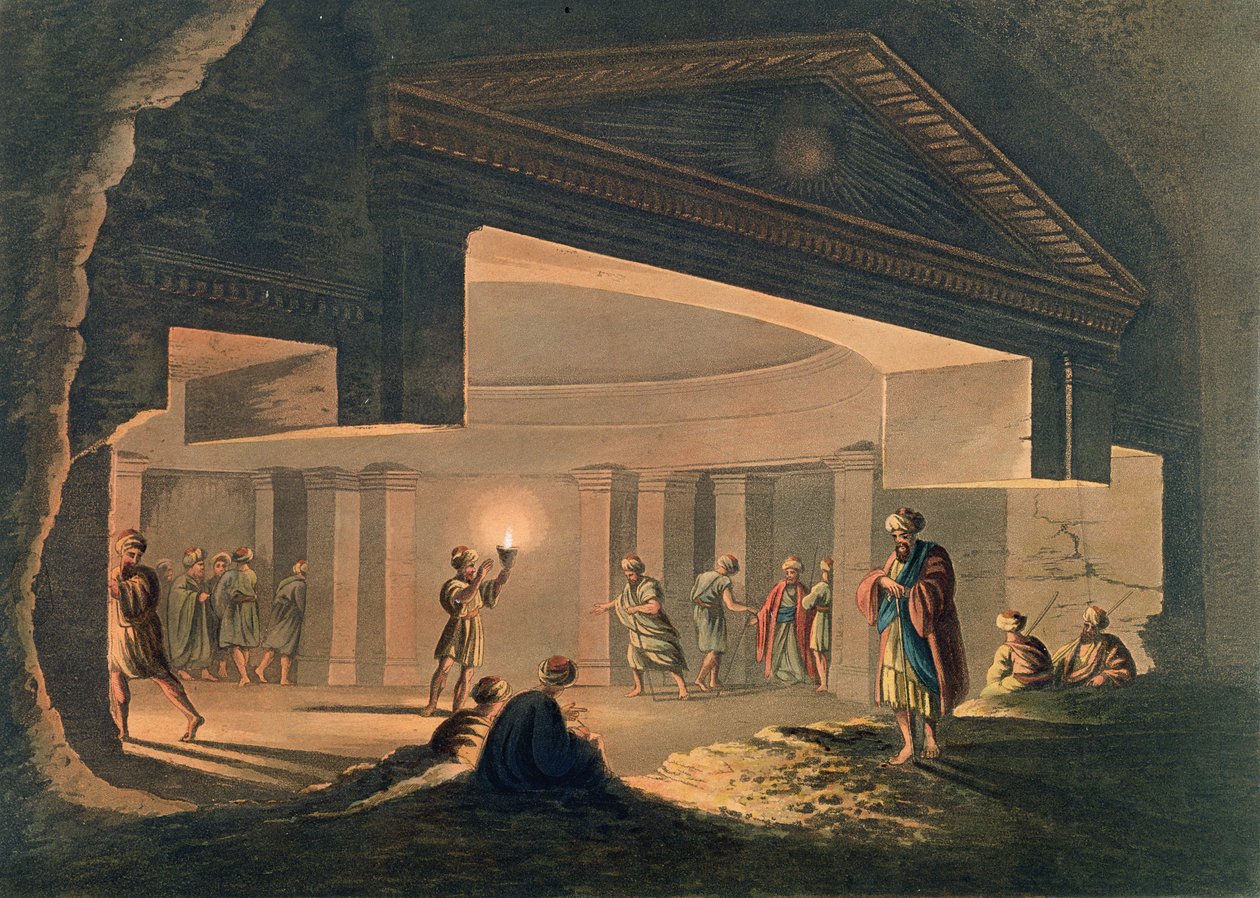 Sisäkuva Aleksandrian katakombeista, levy 11 julkaisusta "Näkymät Egyptissä", kaiverrus Thomas Milton (1743-1827) pub. kirjoittanut Robert Bowyer (1758-1834) 1802 (akvatinta) tekijältä Luigi Mayer
