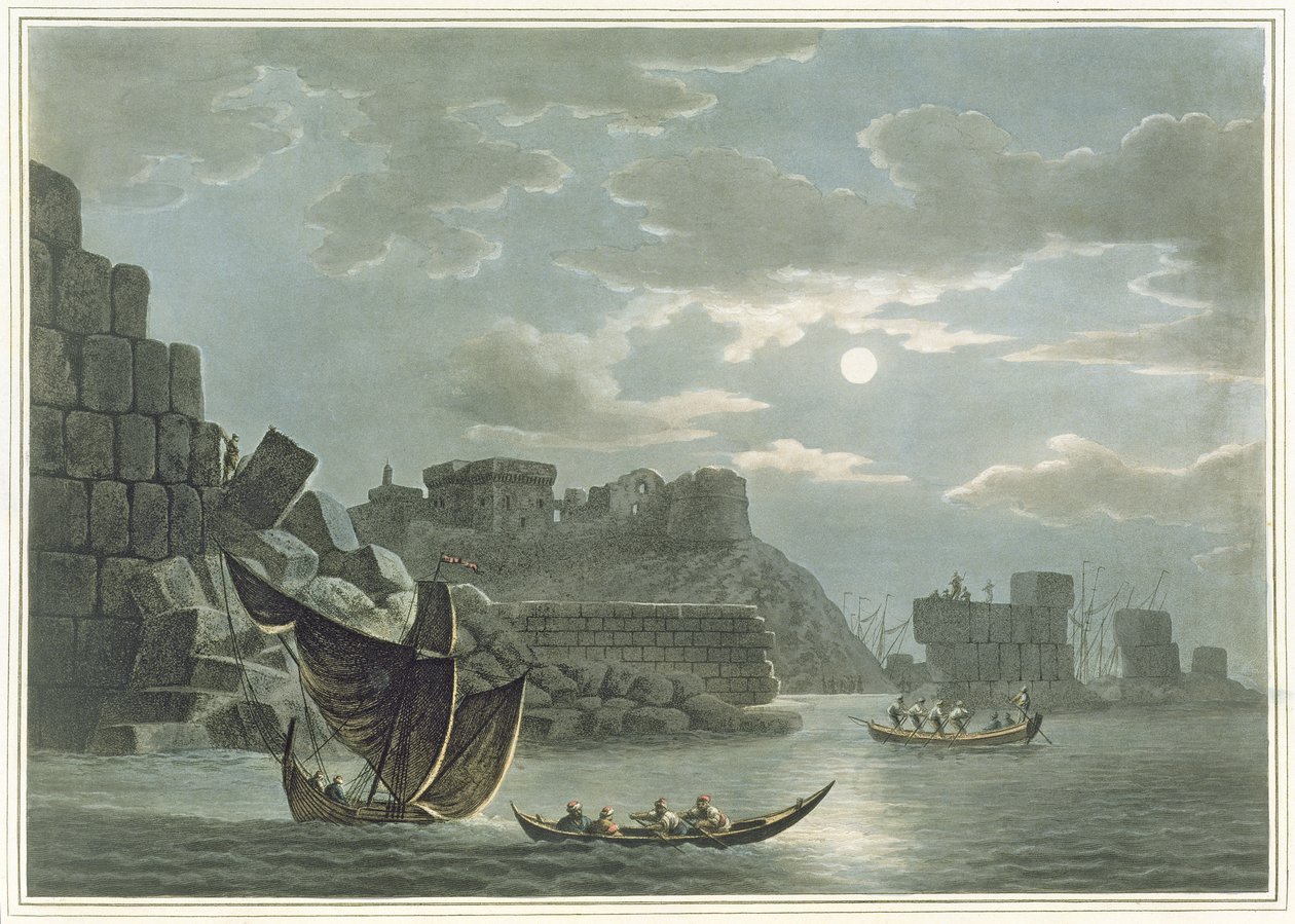 Tortosan saari Syyriassa, julkaisusta "Näkymät ottomaanien dominioissa", 1810 (värillinen akvatinta) tekijältä Luigi Mayer