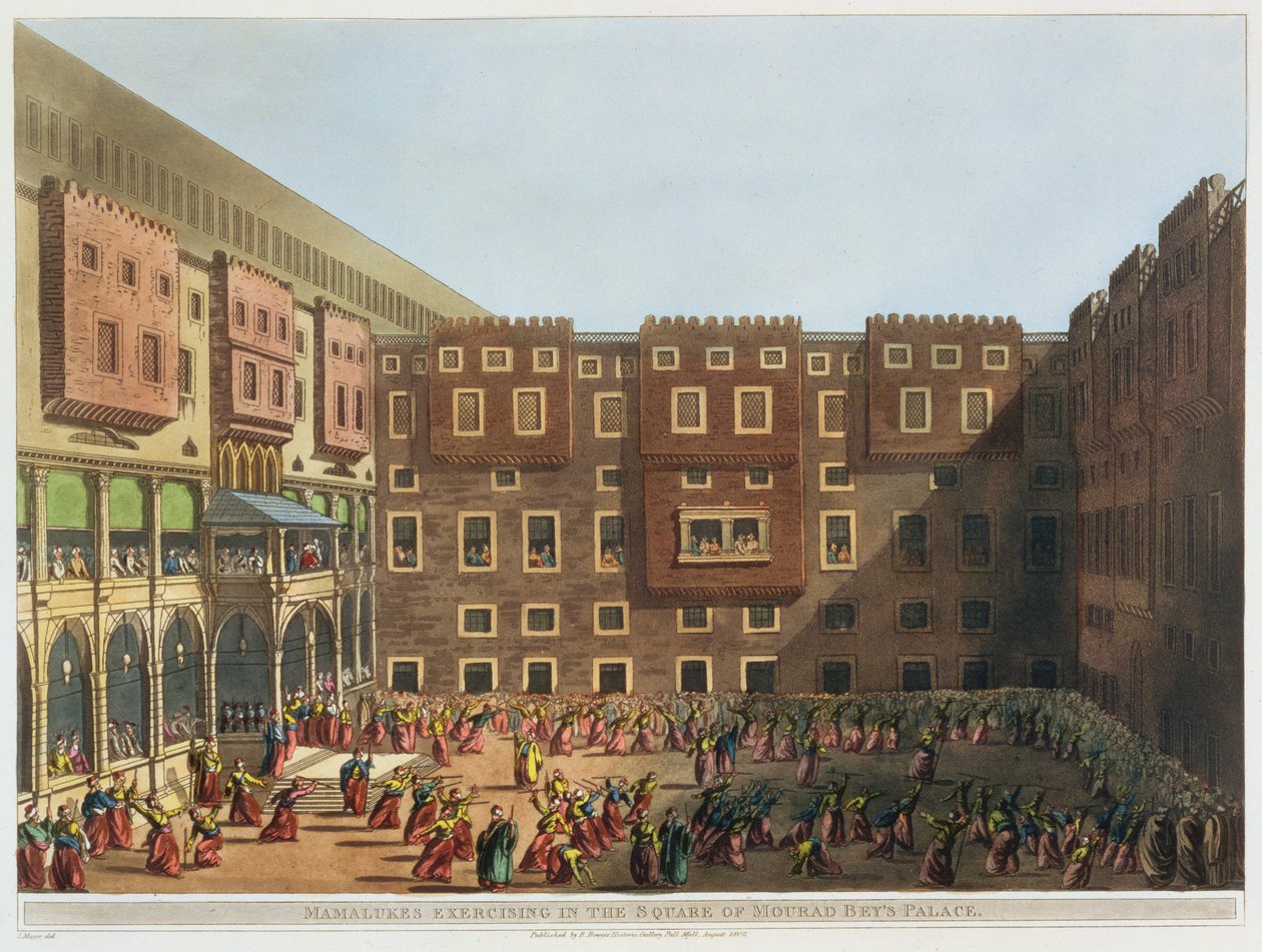 Mamelukit harjoittelemassa Mourad Beyn palatsin aukiolla, levy 35 julkaisusta "Näkymät Egyptissä", kaiverrus Thomas Milton (1743-1827) pub. kirjoittanut Robert Bowyer (1758-1834) 1802 (akvatinta) tekijältä Luigi Mayer