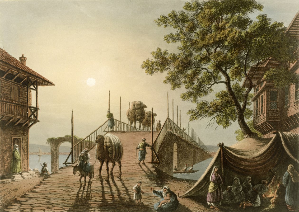 Ponte Piccolo Romaniassa, levy 9 julkaisusta "Views in the Ottoman Dominions", pubi. kirjoittanut R. Bowyer, 1809 (akvatinta) tekijältä Luigi Mayer