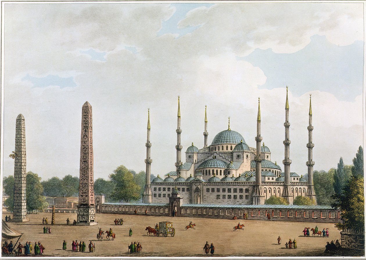 Sulttaani Achmetin moskeija Konstantinopolissa, levy 2 julkaisusta "Näkymät ottomaanien dominioissa", pubi. kirjoittanut R. Bowyer, 1810 (akvatinta) tekijältä Luigi Mayer