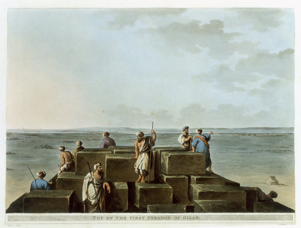 Gizan ensimmäisen pyramidin huippu, levy 4 Näkymät Egyptistä, kaiverrus Thomas Milton (1743-1827) pub. kirjoittanut Robert Bowyer (1758-1834) 1801 (akvatinta) tekijältä Luigi Mayer